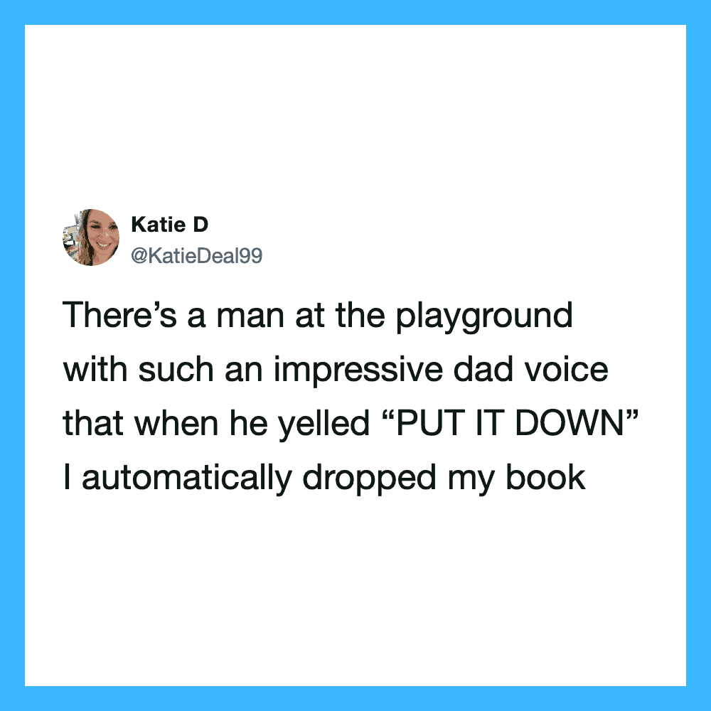 Tweet by Katie D about a man at the playground with a dad voice.