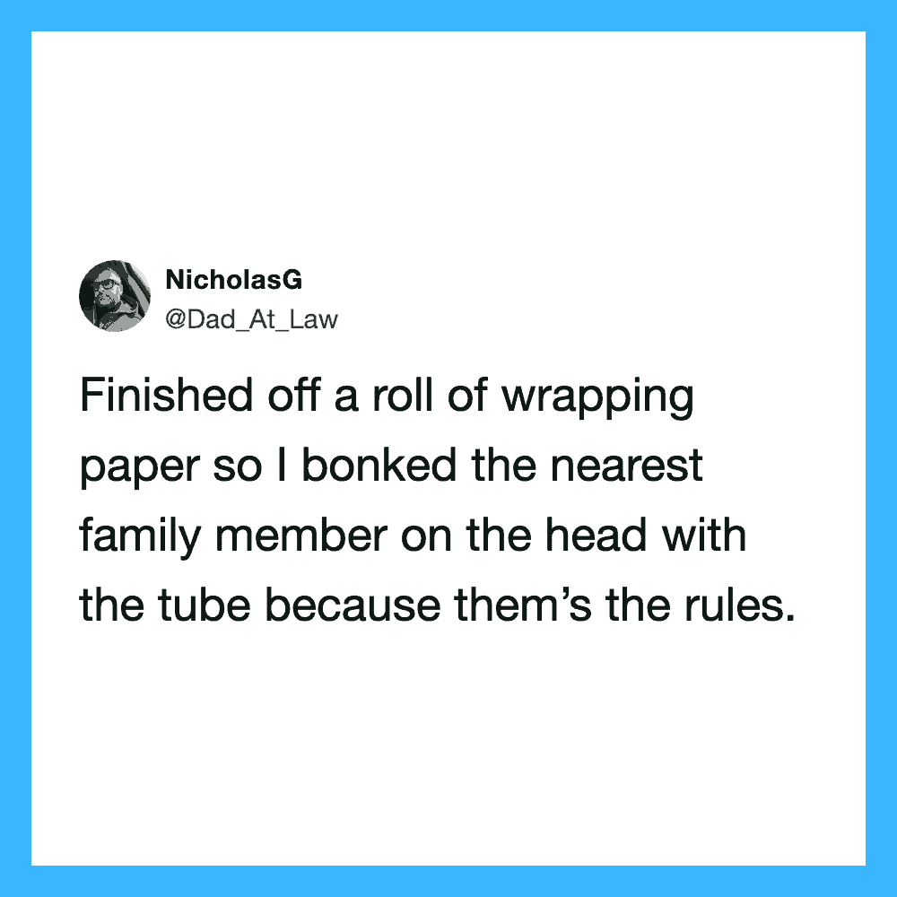 A social media post by NicholasG about wrapping paper and family rules.