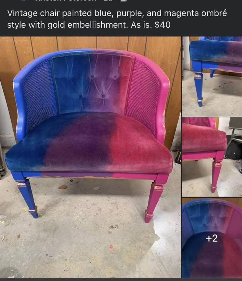 Vintage chair painted blue, purple, magenta with gold embellishment, $40.