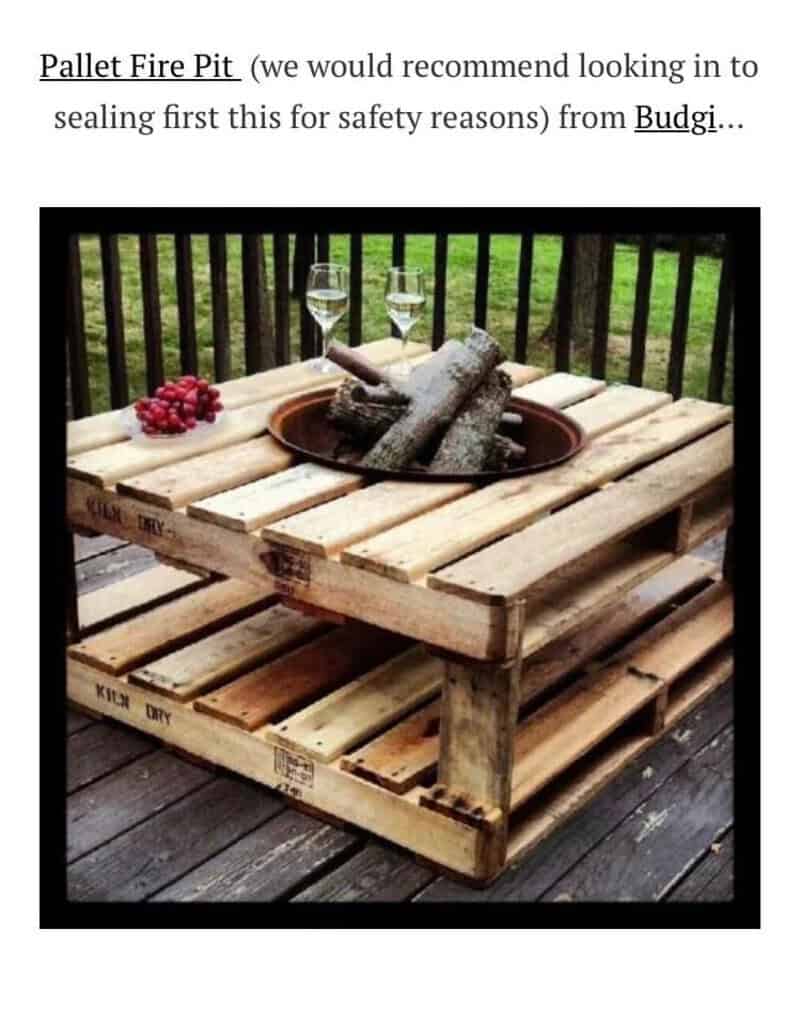 Pallet fire pit with logs, wine glasses, and grapes on a wooden table.