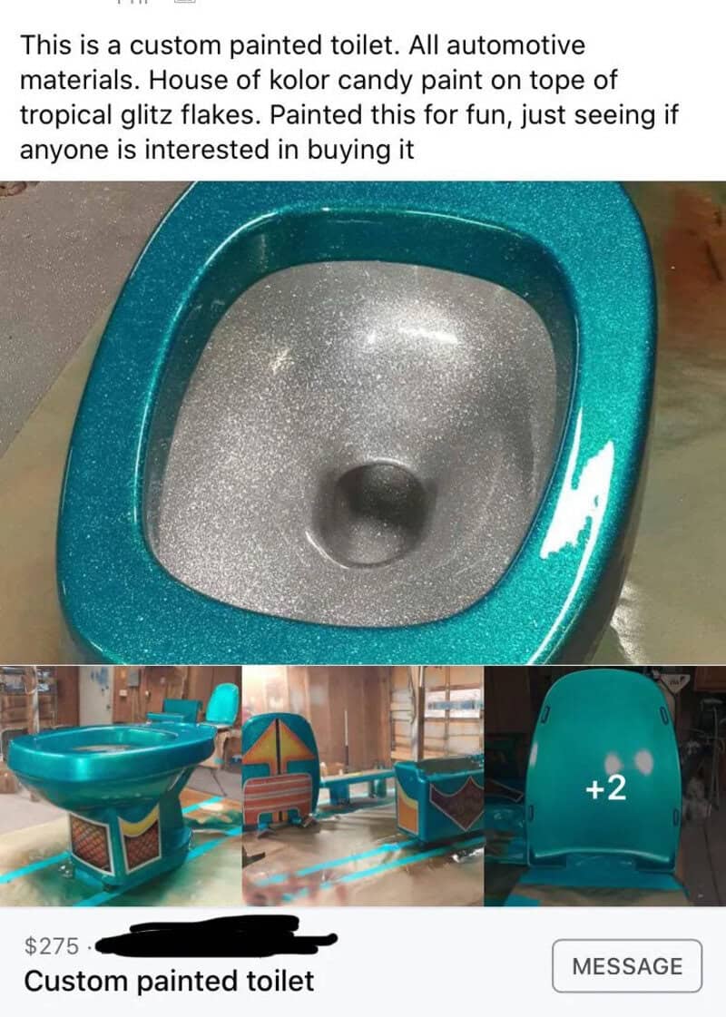Custom painted toilet with tropical glitter flakes, house of candy paint on top.