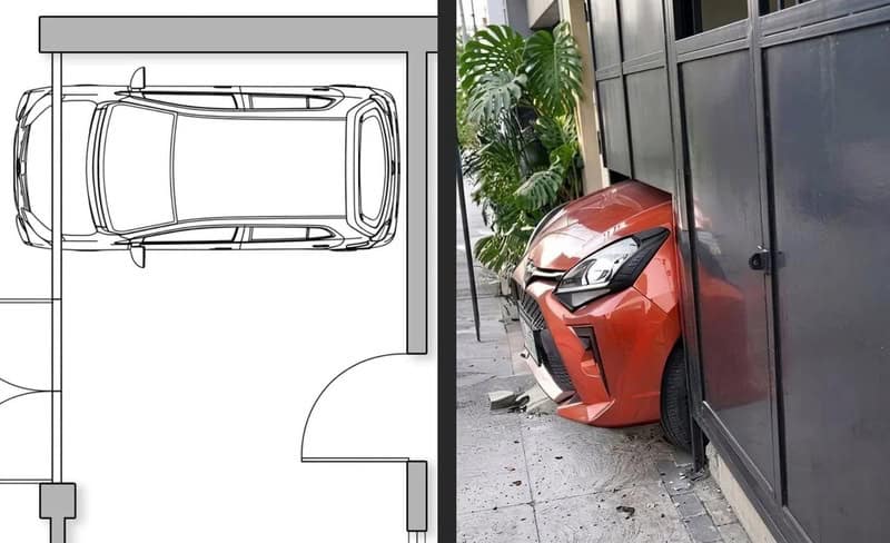 Car crashed into a wall, with the front end embedded in the wall.