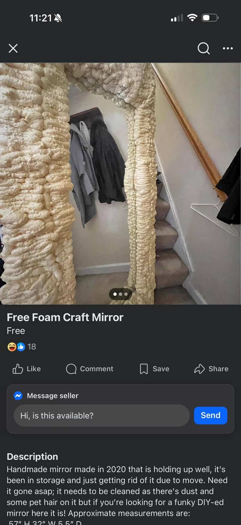 Free Foam Craft Mirror hanging in a hallway with clothes and stairs nearby.