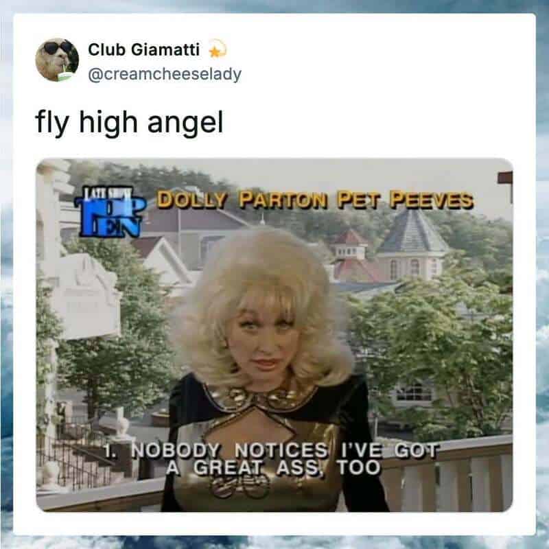 Dolly Parton with blonde hair, black outfit, and a humorous caption about flying high.