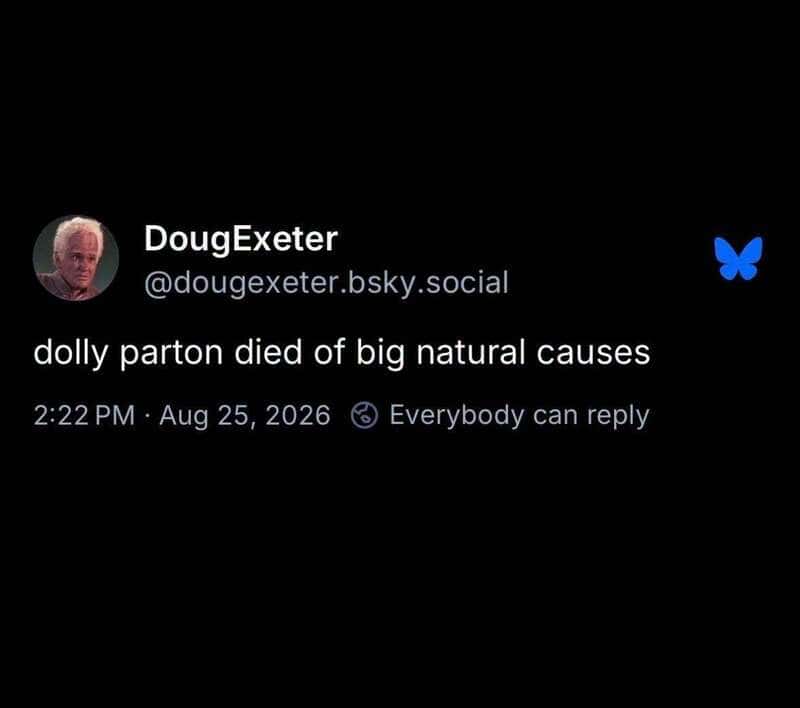 Twitter post by DougExeter about Dolly Parton, dated August 25, 2026.