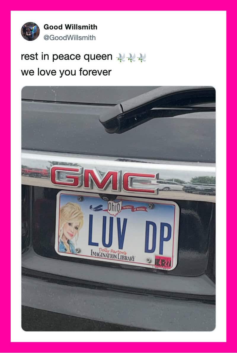 GMC vehicle with Ohio license plate reading 'LUV DP' and a Disney princess sticker.