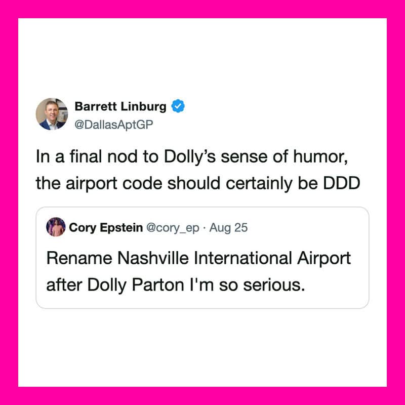 Barrett Linburg's tweet about renaming Nashville Airport to Dolly, with a humorous comment.