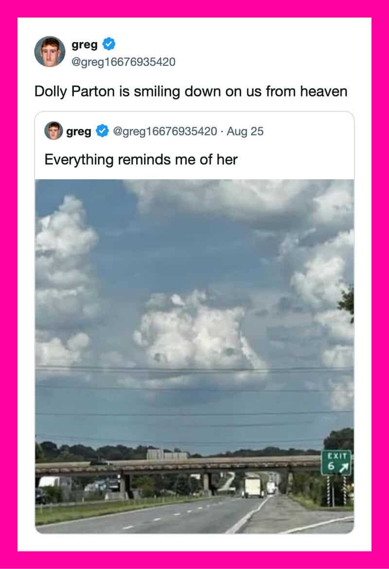 Dolly Parton smiling down from heaven, as seen in the sky with clouds.
