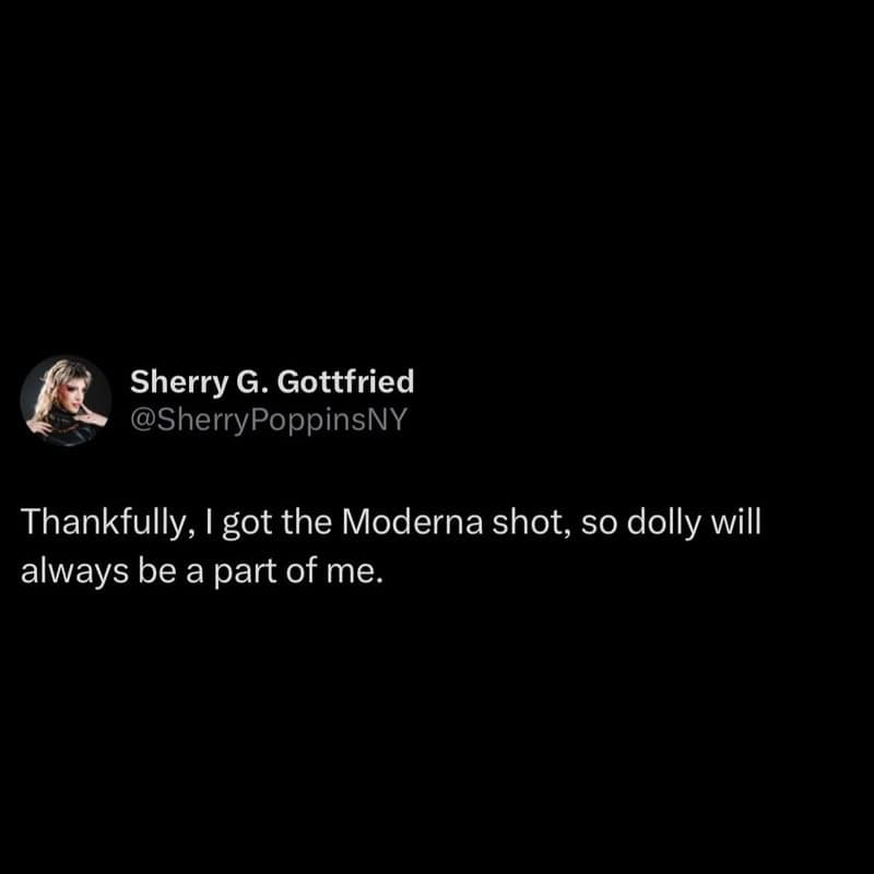 Sherry G. Gottfried's tweet about getting the Moderna shot and Dolly being part of her.