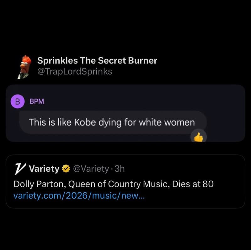 Twitter screenshot with a tweet about Kobe dying for white women and a news link about Dolly Parton.