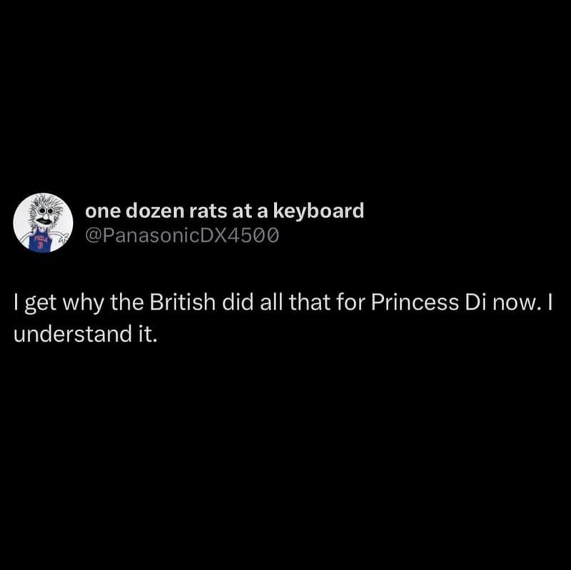 Twitter post with a rat cartoon and text about Princess Di and the British.