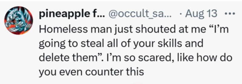 Homeless man shouted at me about stealing skills, I was scared.