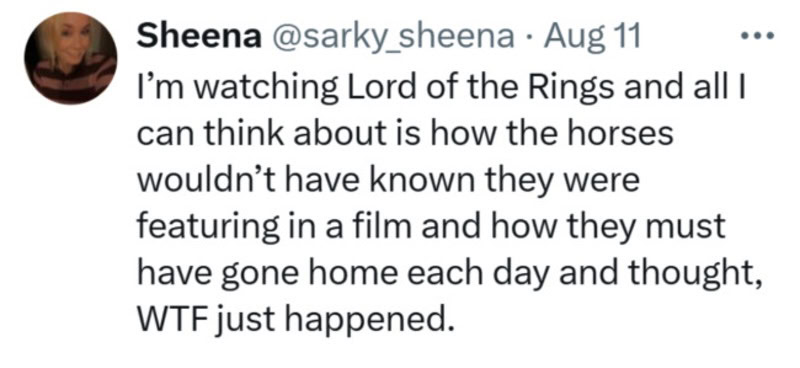 Sheena's tweet about Lord of the Rings and horses, dated August 11.