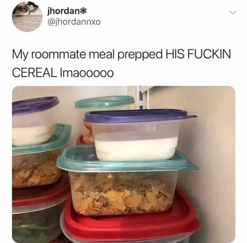 Stacked plastic food containers with cereal and milk, caption about roommate meal prep.
