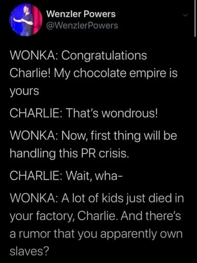 Twitter conversation about chocolate empire and PR crisis with kids dying in factory.