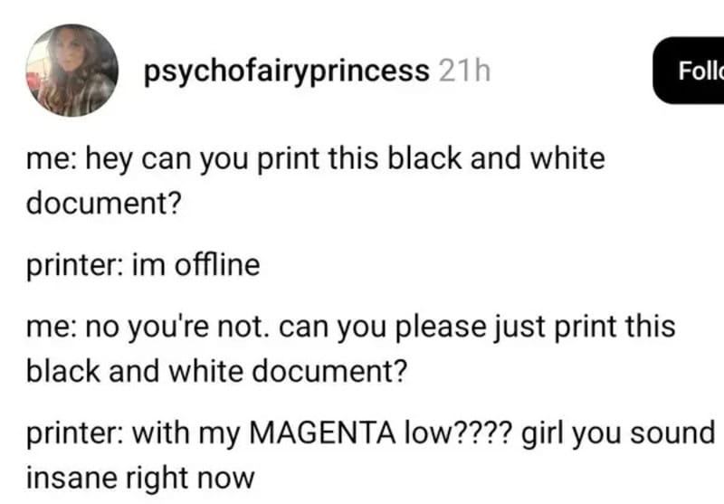 Instagram post showing a humorous conversation about printing a black and white document.