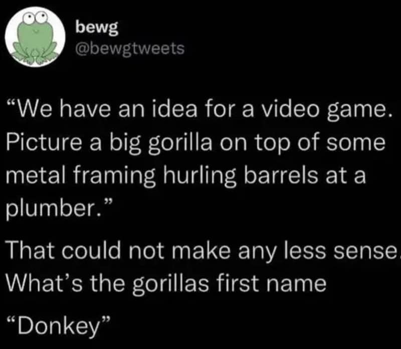 Funny tweet about a video game idea involving a gorilla named Donkey.