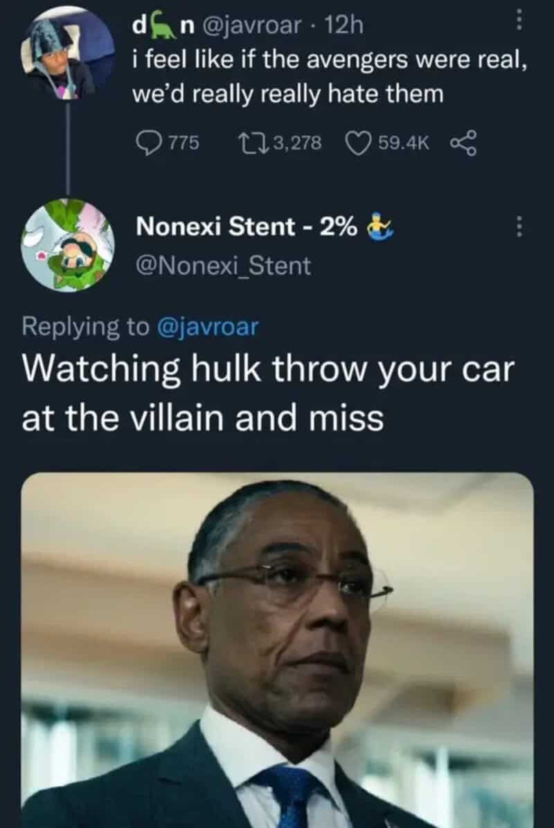 Twitter exchange about Avengers and Hulk throwing a car, with a serious man in a suit.