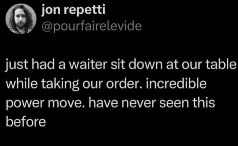 A tweet by jon regetti about a waiter performing an incredible power move.