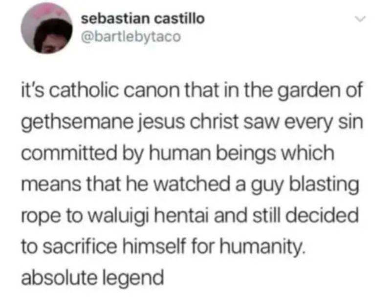 A tweet by sebastian castillo about Jesus Christ and human sin.