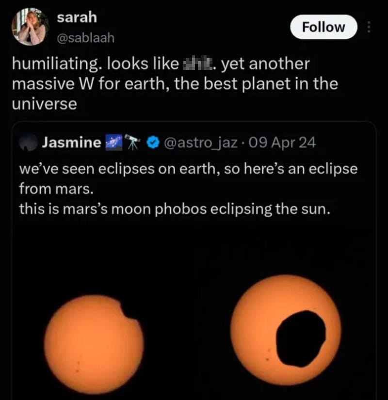 Twitter post comparing a lunar eclipse on Earth to a moon eclipse on Mars.