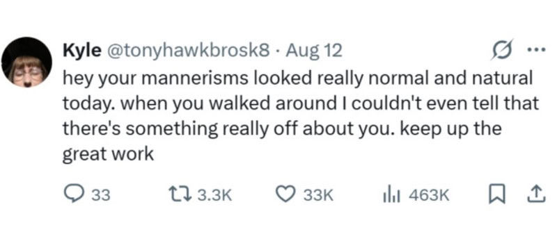 Kyle's tweet praising someone's natural manners and appearance.