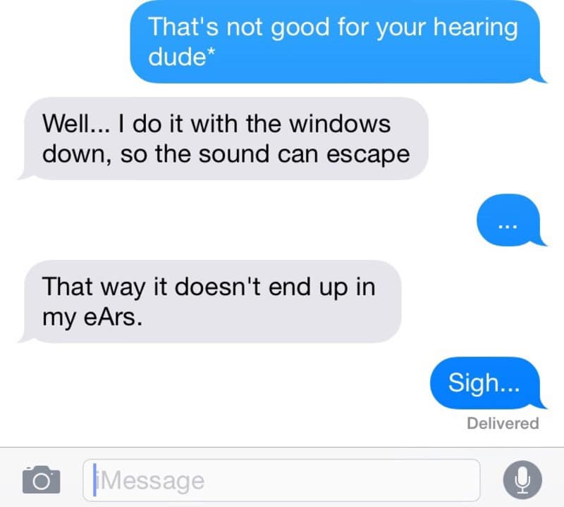 Text conversation about hearing and sound escape, with a sigh at the end.
