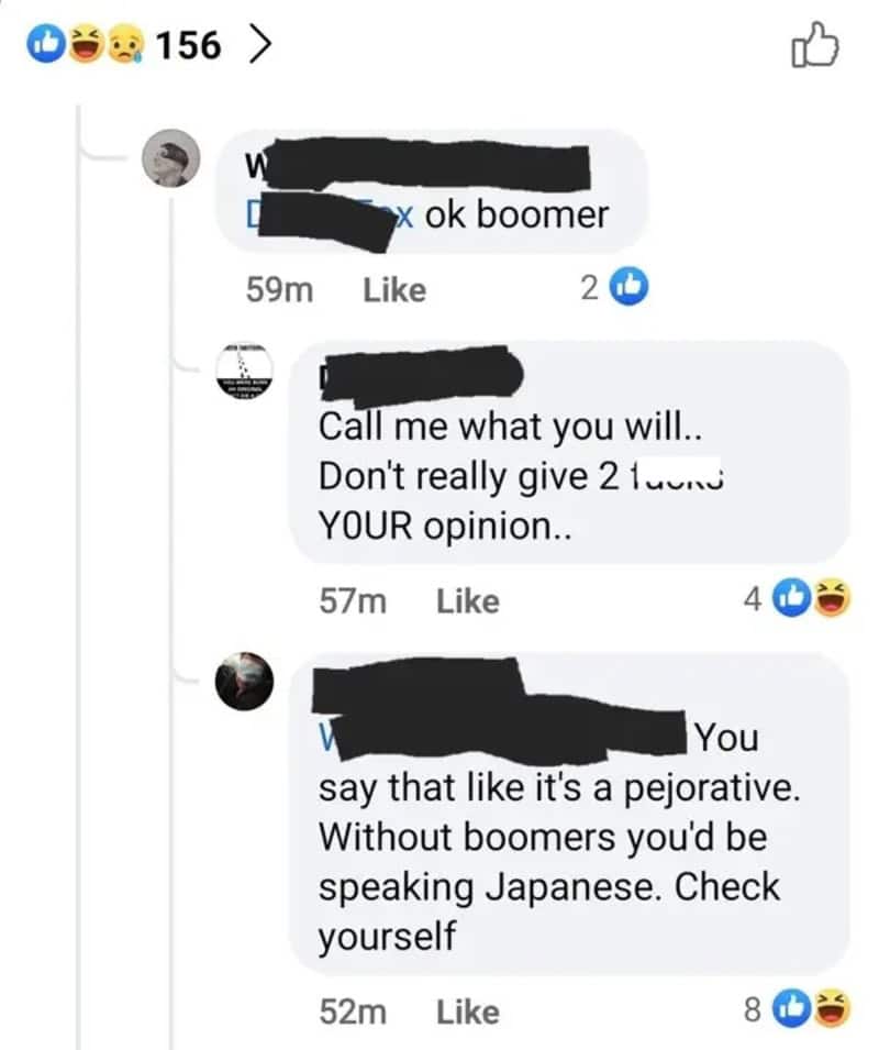 Online chat with humorous comments about boomers and Japanese language.