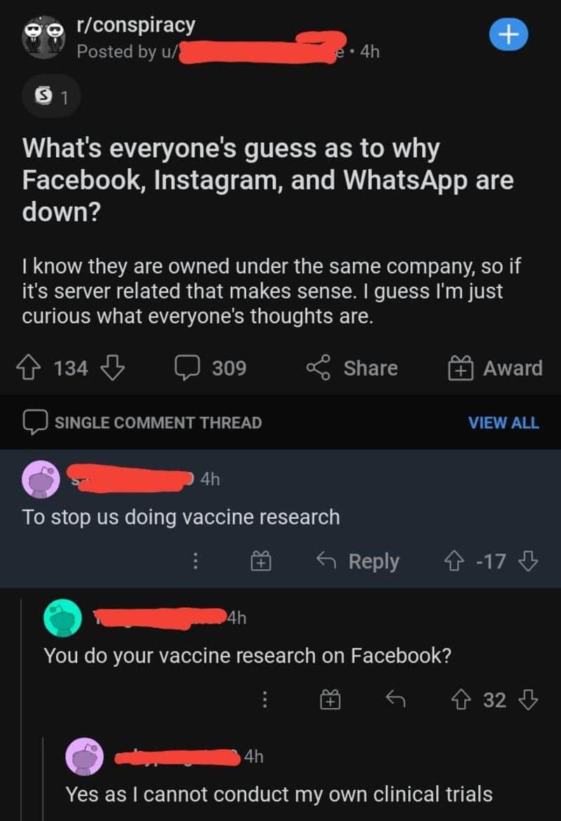 People commenting on Facebook about vaccine research and social media downtime.