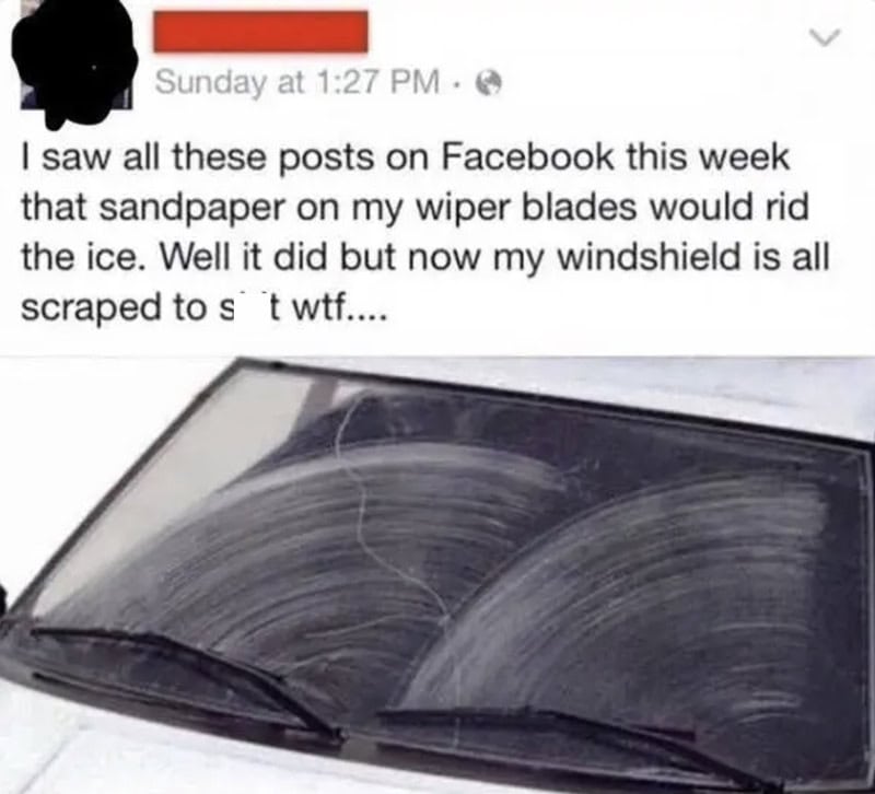 Scratched windshield with soap residue and a comment about windshield wipers and sandpaper.