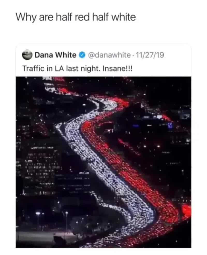 Traffic in LA last night with half red and half white lights, seen from above.