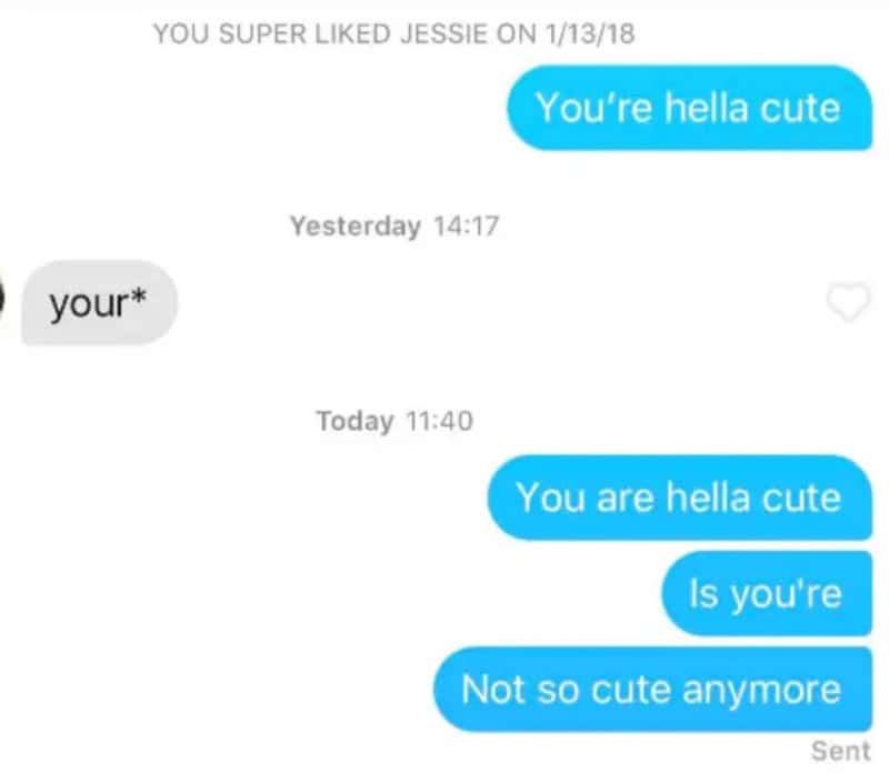 Text conversation showing a typo correction and compliments about cuteness.