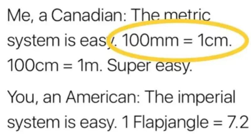 Canadian explains metric system, 100mm = 1cm, 100cm = 1m, super easy.
