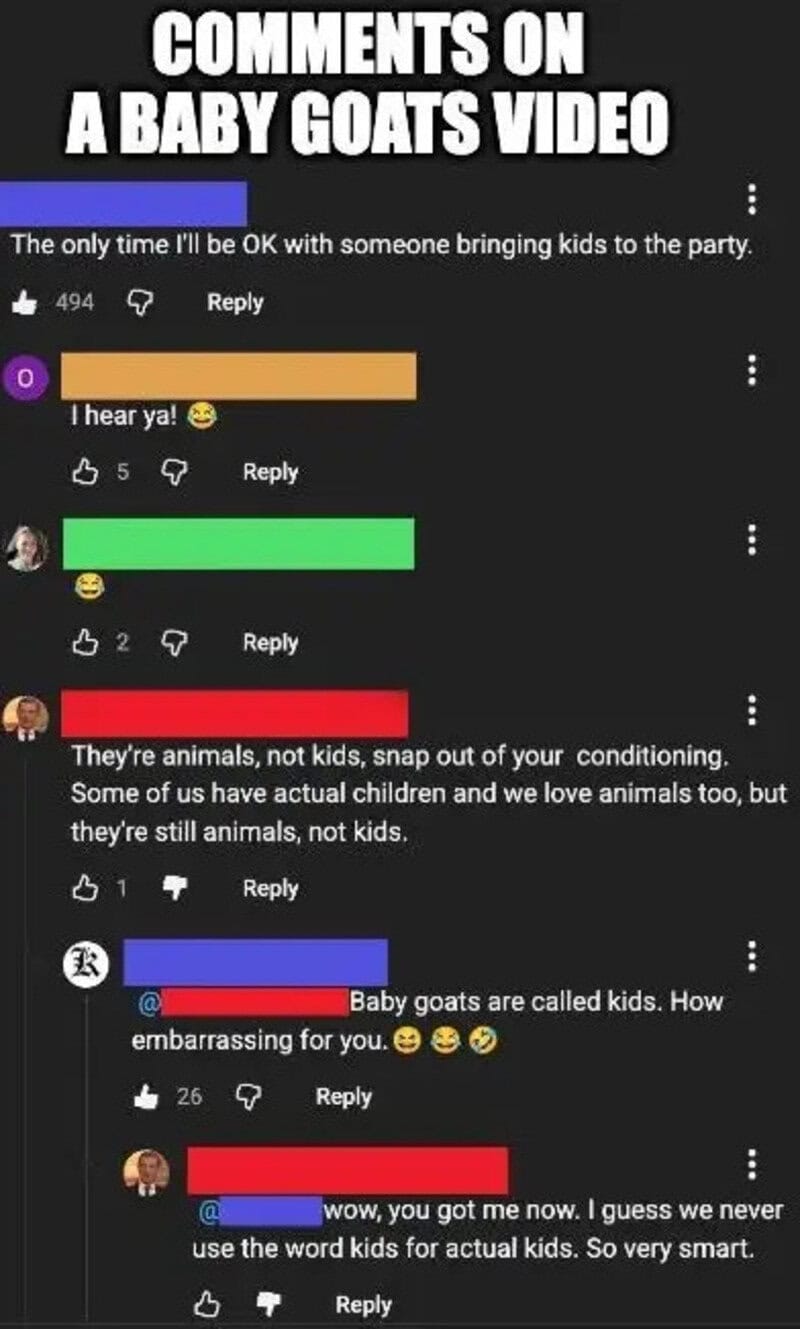 Comments on a baby goats video with various reactions and emojis.
