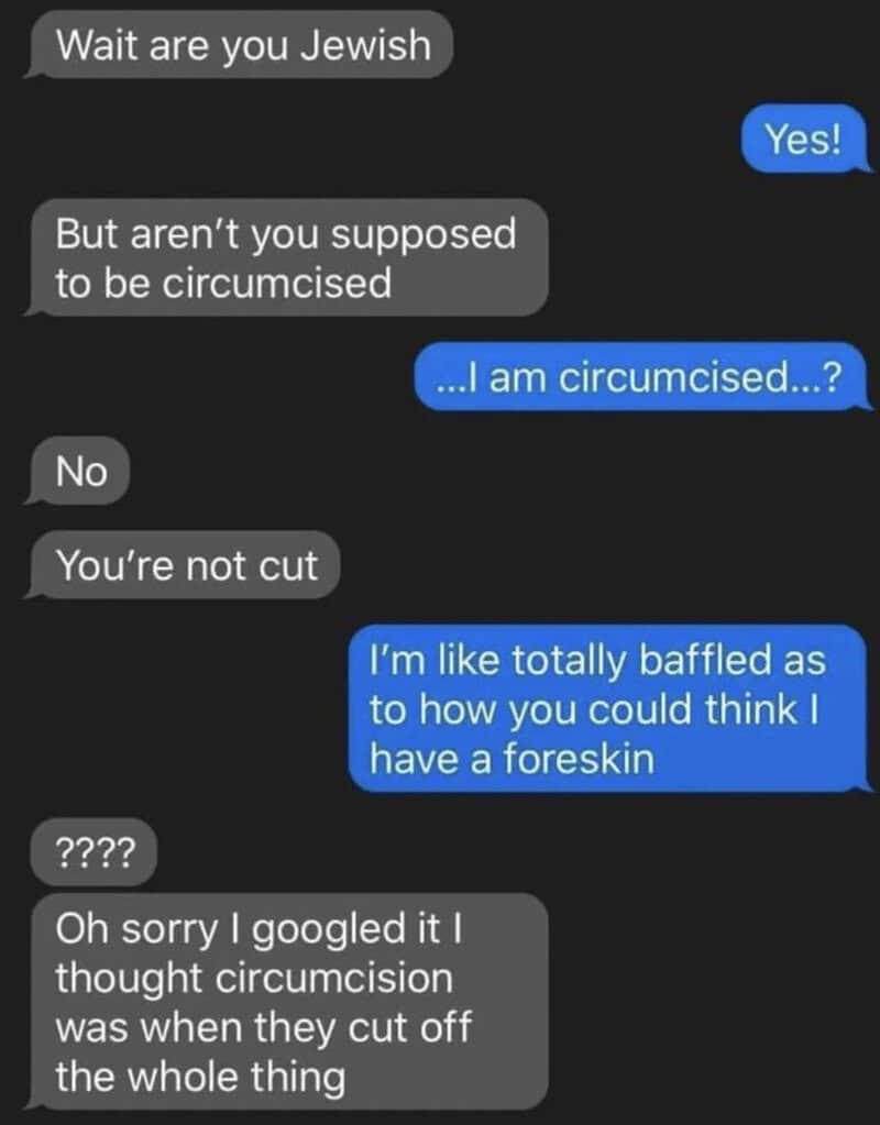 Text conversation about circumcision and a humorous misunderstanding.