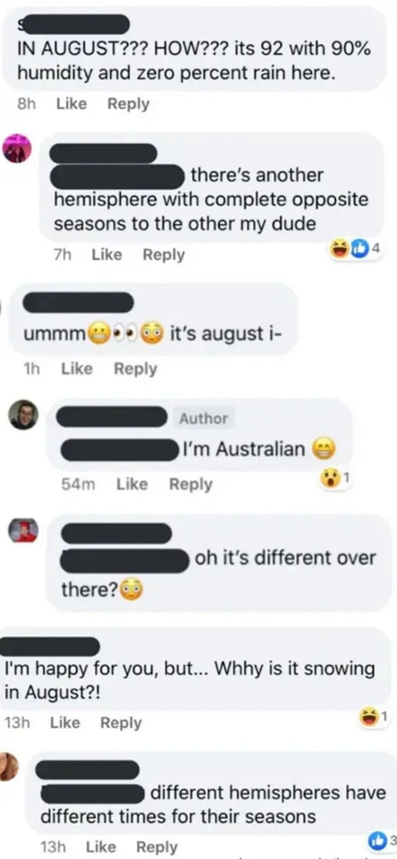 Facebook comments discussing seasons and hemispheres, mentioning August and snow.