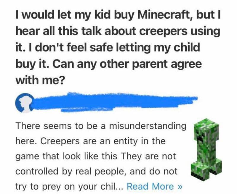 Text about kids buying Minecraft and creepers, with a Minecraft creeper image.