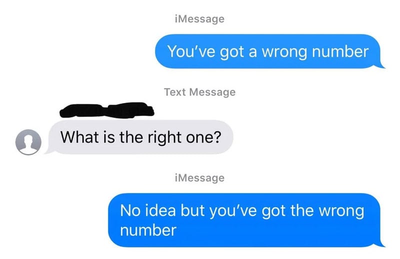 Text message conversation about wrong phone number with facepalm post title.