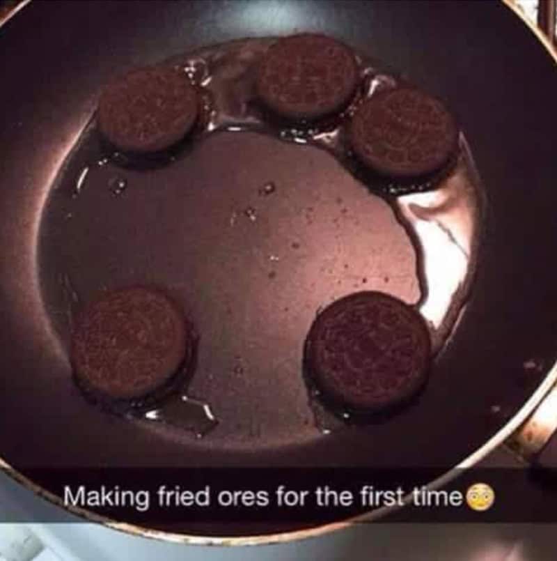 Frying Oreo cookies in a pan with a caption about making fried ores for the first time.