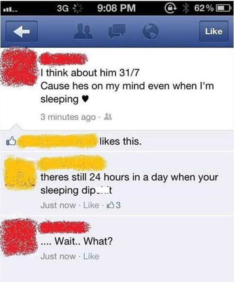 Facebook post about thinking of someone and sleeping habits, with comments and likes.
