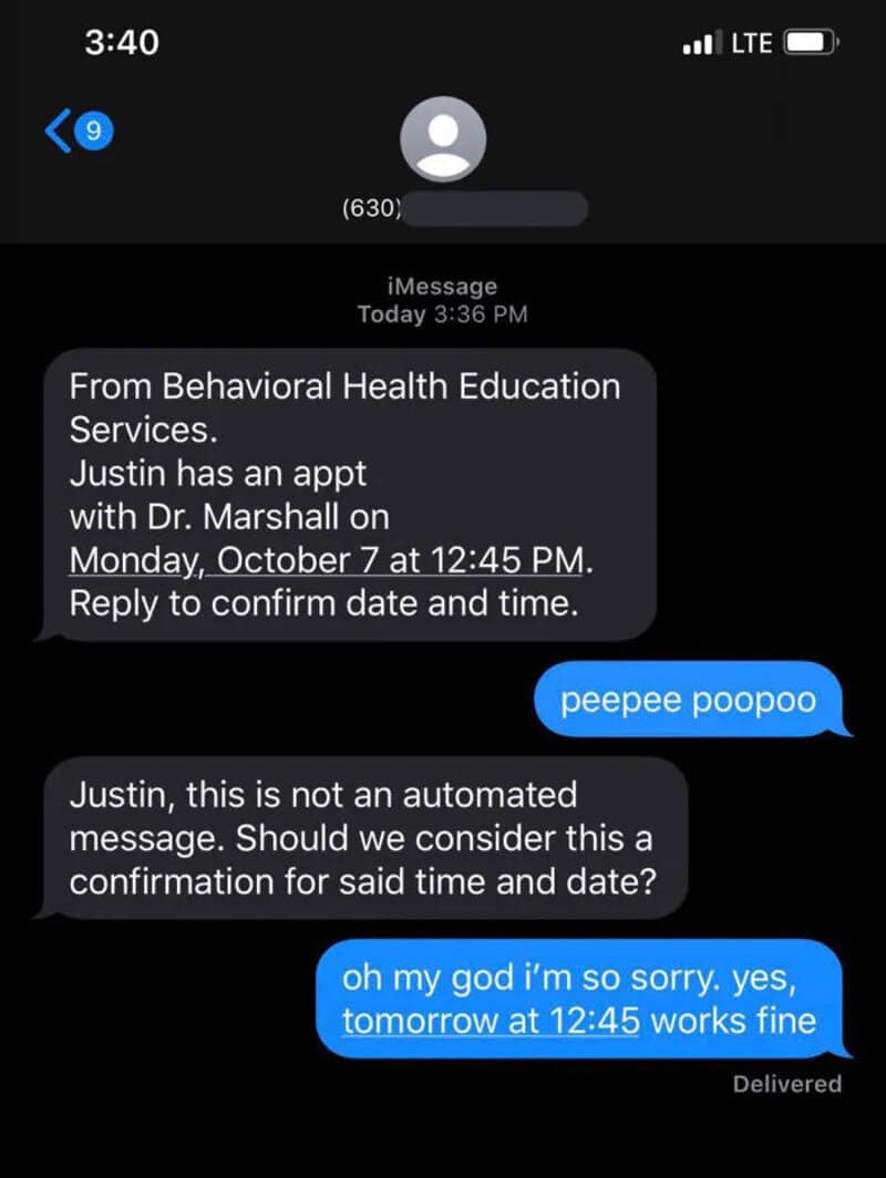 Text message conversation about an appointment with Dr. Marshall on October 7 at 12:45 PM.