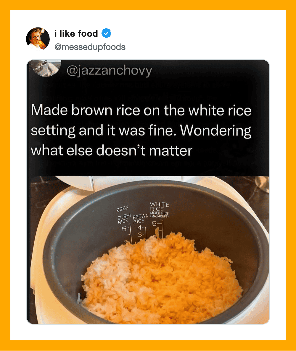 Brown rice on white rice setting in rice cooker, with tweet about it.