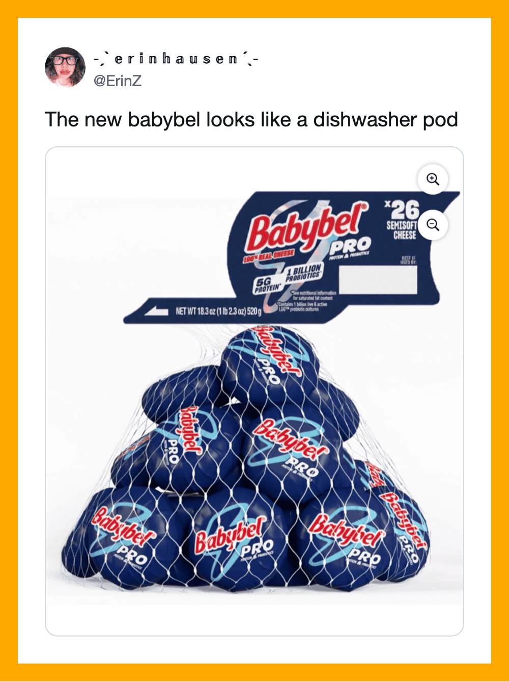 Image of Babybel cheese with a net over it, resembling a dishwasher pod.