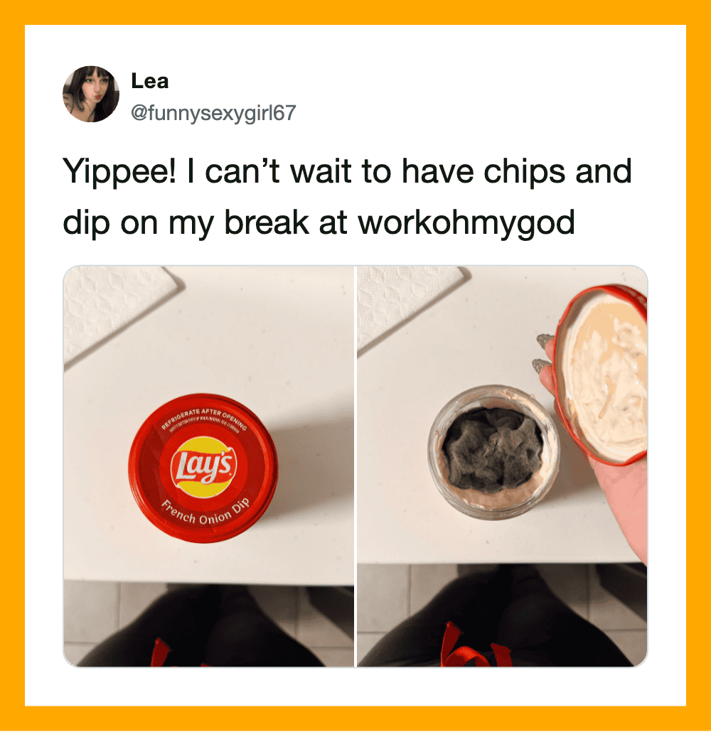 Image of a Lay's French Onion Dip container and a hand holding a dip with chips.