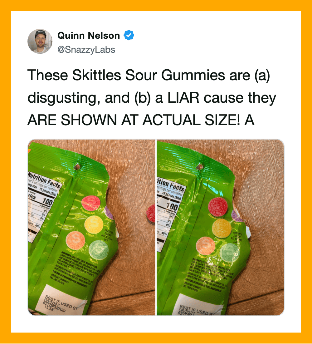Tweet about sour gummies with side-by-side images of the gummies in green packaging.