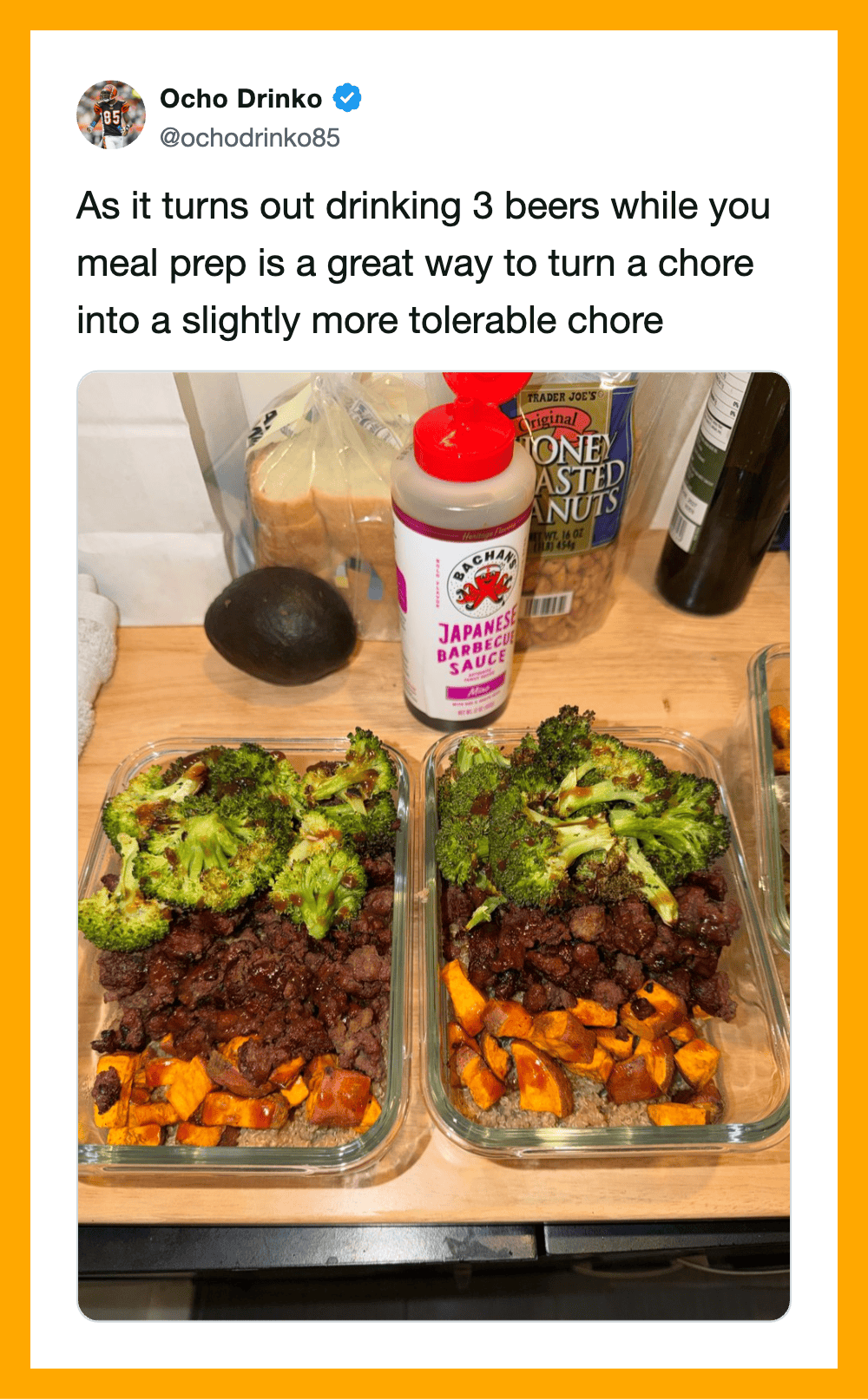 Meal prep with broccoli, sweet potatoes, and chili, with beer and sauces on the table.
