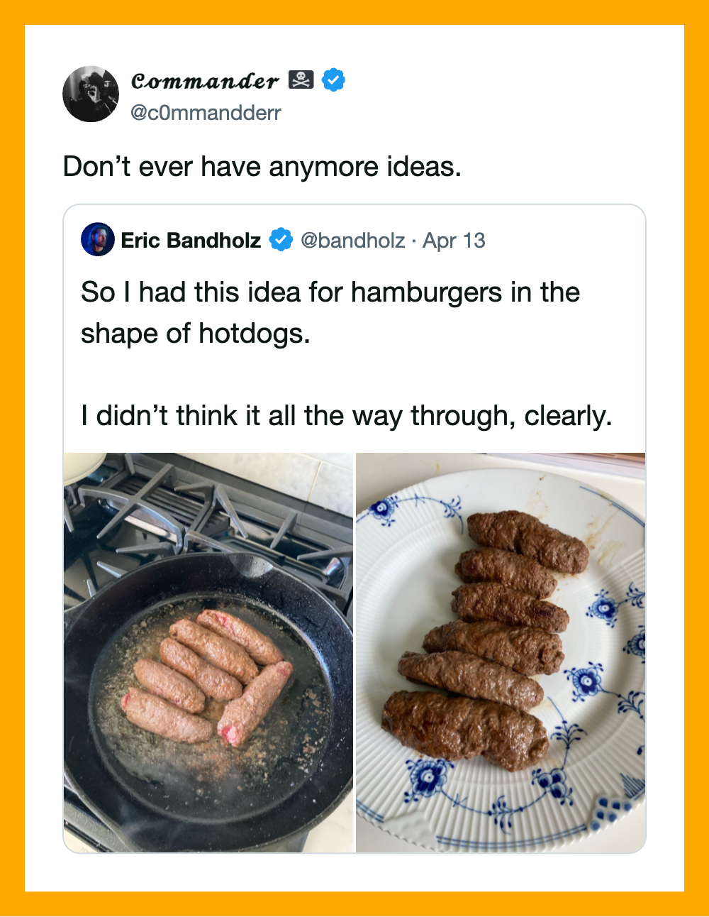 Two photos of hot dogs in the shape of hamburgers, one frying in a pan, the other on a plate.