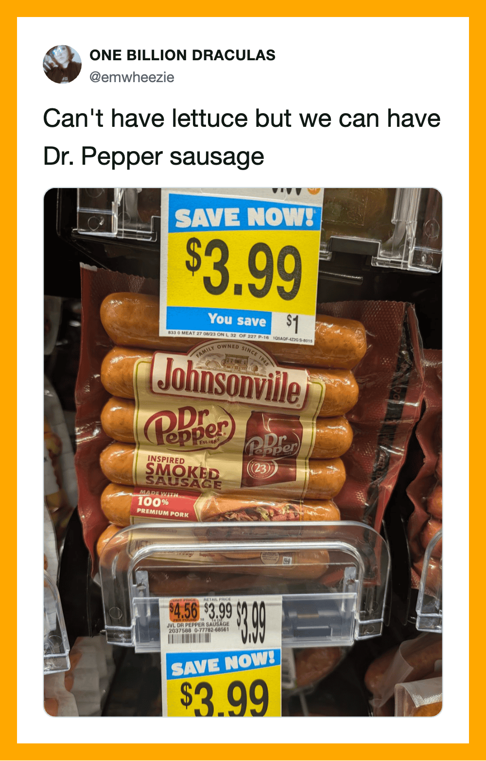 Display of Dr. Pepper sausage and Johnsonville smoked sausage with sale signs.