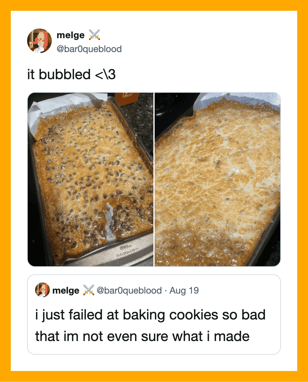 Two photos of a baking tray with bubbling, overbaked cookies, one before and one after.
