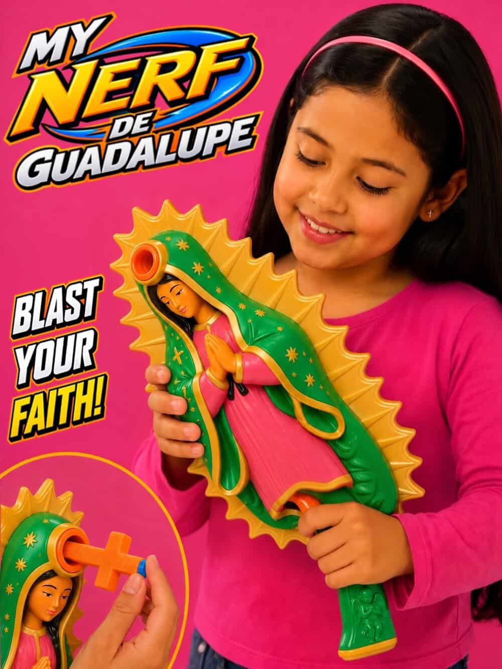 Girl holding a My Nerf de Guadalupe toy with a pink background.